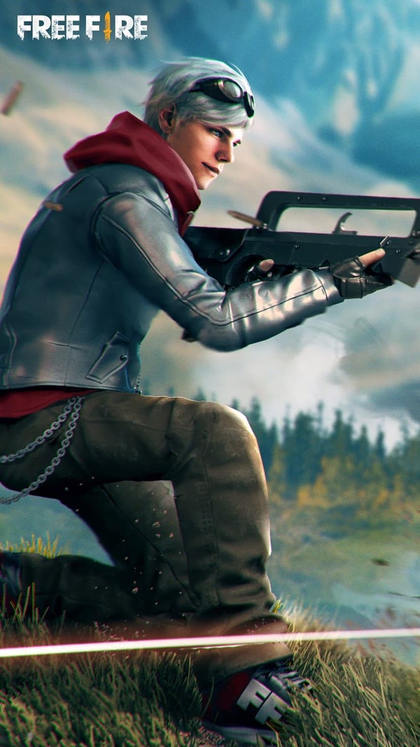 A124 with silver hair holds a rifle wearing a red hoodie and goggles against a misty forest background.