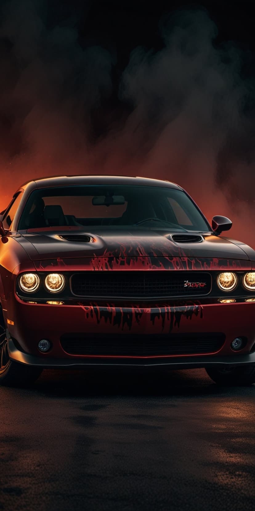 Red muscle car with glowing headlights emerging from thick grey smoke, featuring a black grille and hood decals.