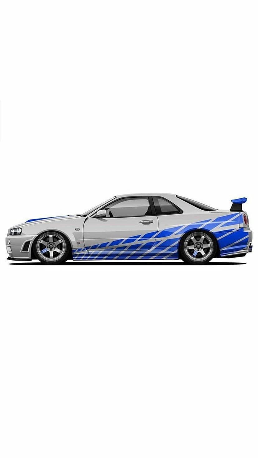White Nissan Skyline GT-R R34 with blue racing livery and a large rear spoiler shown in a side profile view.