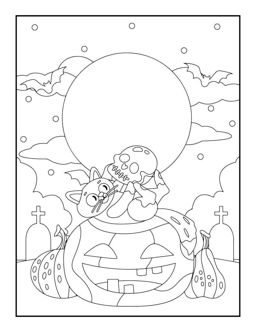 Halloween cat coloring page featuring a winged feline on a carved pumpkin with tombstones and a full moon.