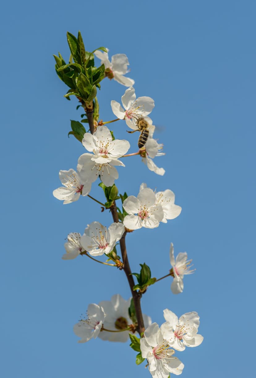 Honeybee perched on a cluster of white cherry blossoms with yellow stamens against a clear blue sky background.