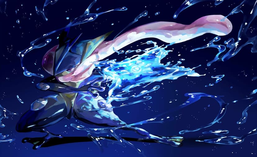 Greninja crouched in a combat pose with glowing water shuriken and fluid splashes on a dark blue background.
