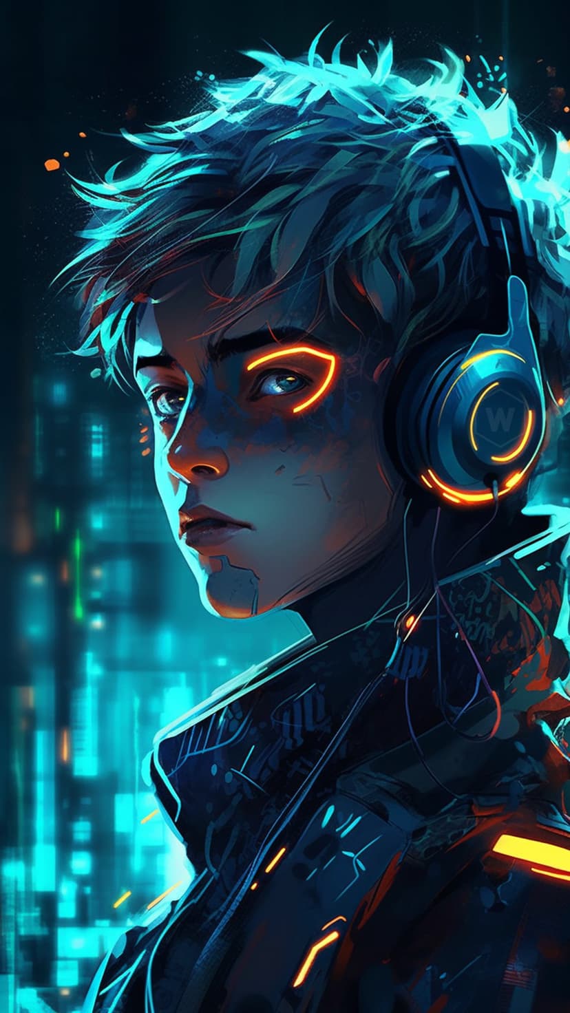 Cyberpunk teen with bright blue hair, orange glowing eyes, and futuristic headphones against neon city lights.