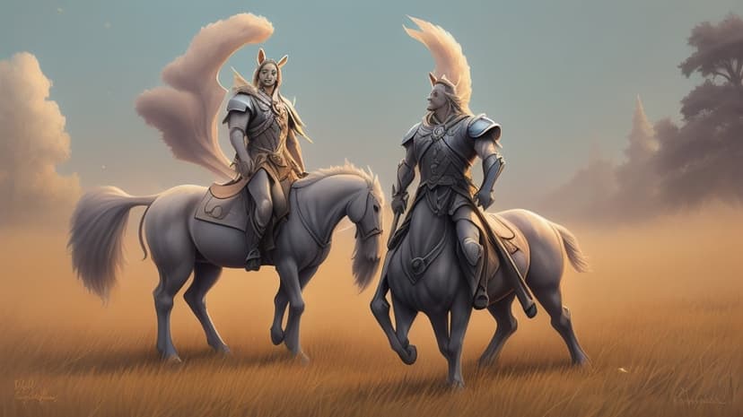Two knights in winged armor ride white horses through a sun-drenched golden meadow with a hazy sky.