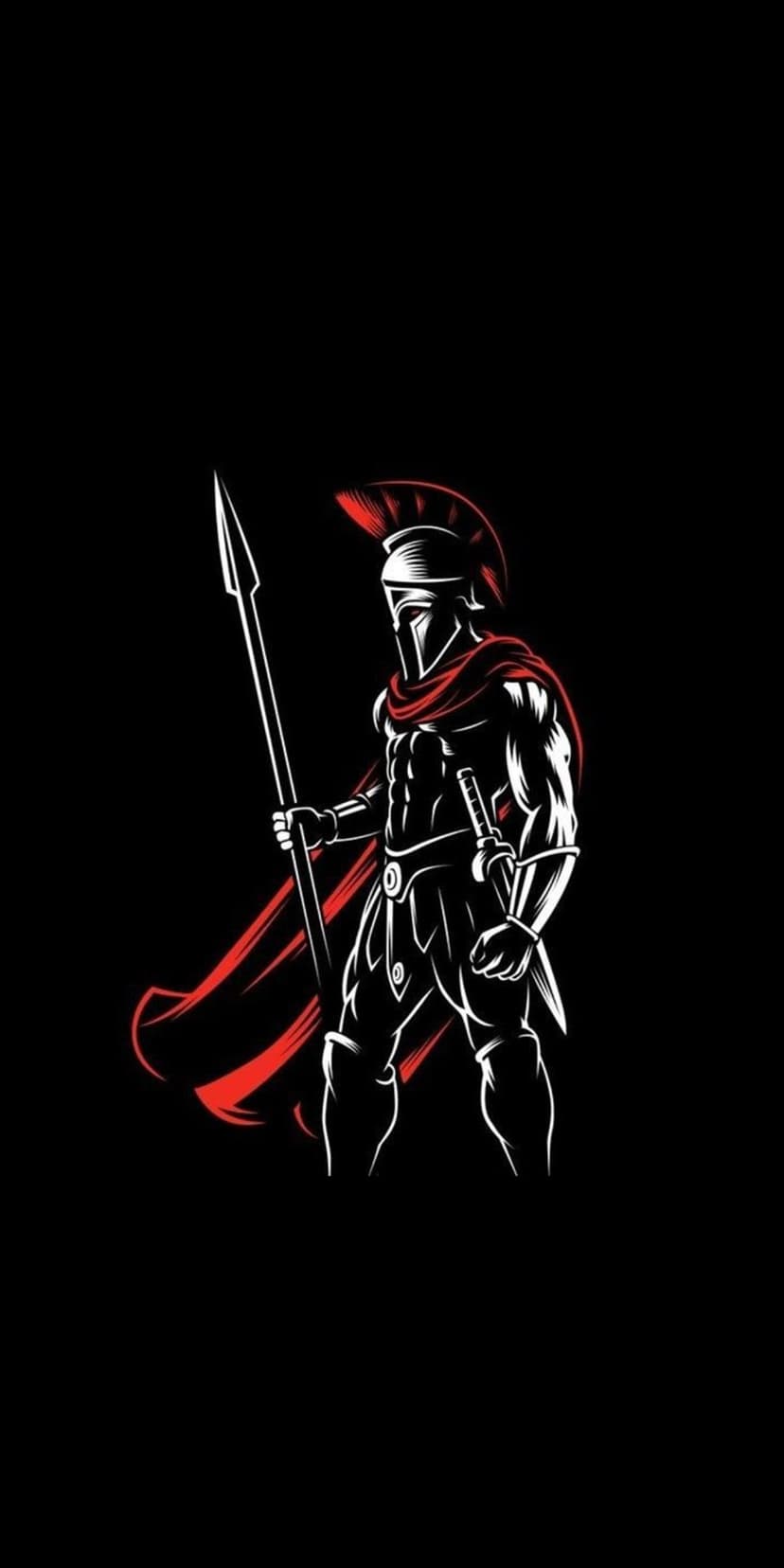 Spartan warrior in a red-crested helmet holds a long spear against a solid black background in a minimalist style.
