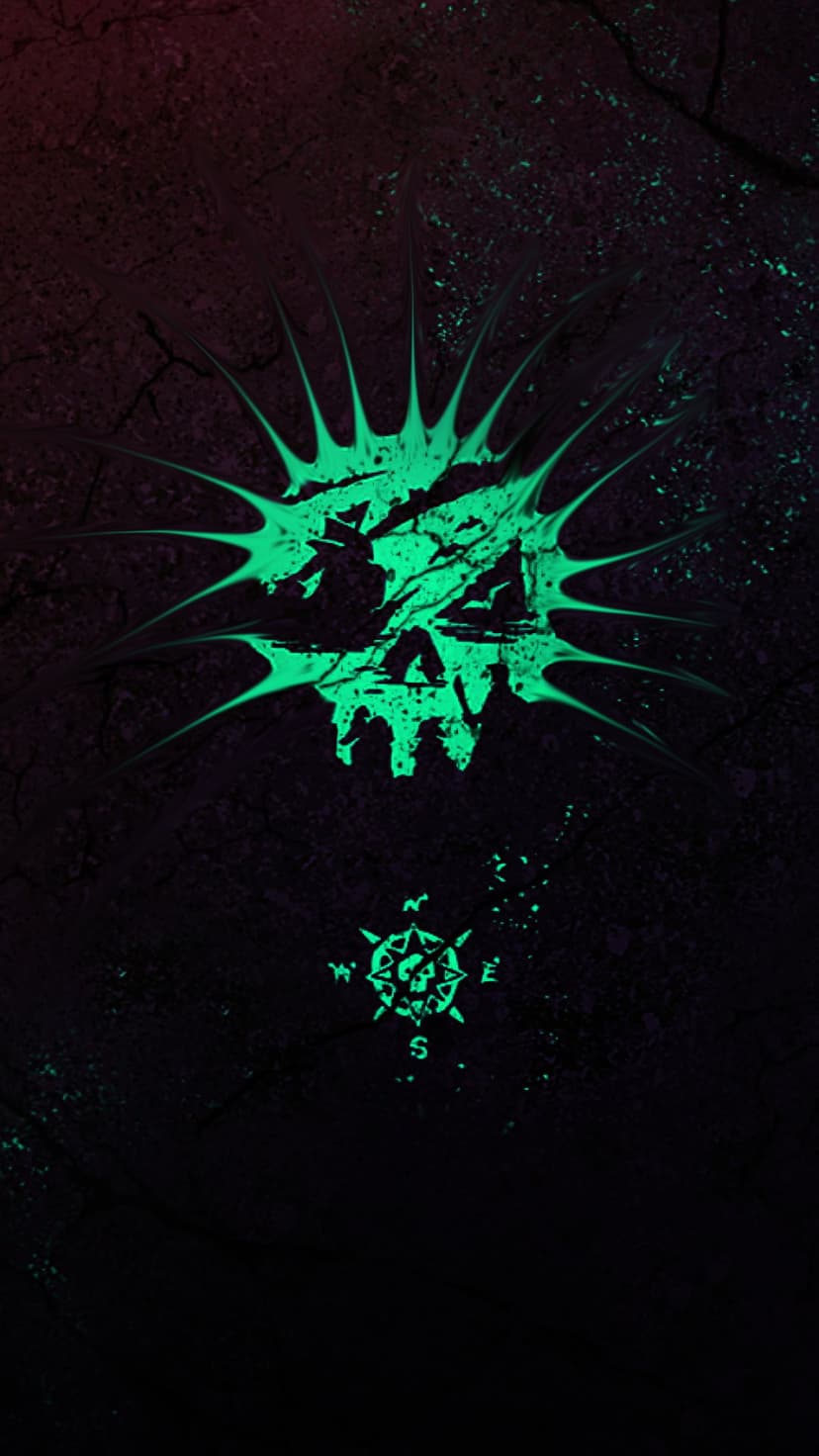 Neon green skull with sharp spikes positioned above a glowing compass rose against a dark cracked background.