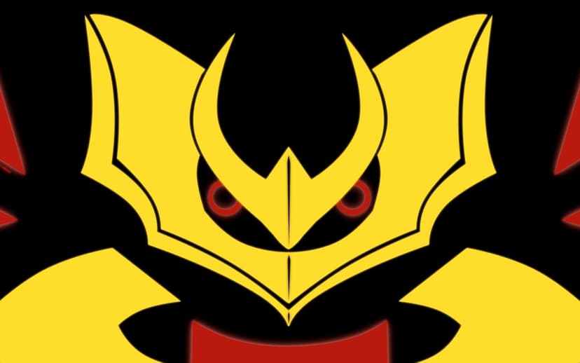 Giratina Origin Forme minimalist silhouette with yellow head armor and glowing red eyes on a black background.