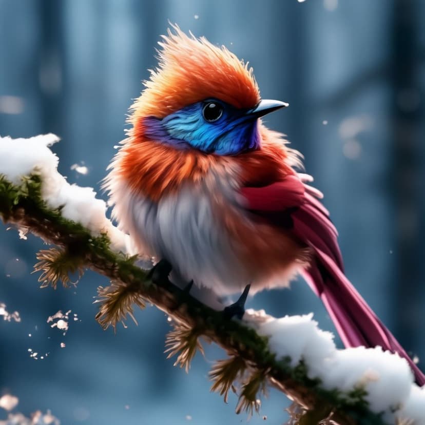 Plump blue and orange bird perched on a snow-covered pine branch amidst falling snowflakes in a winter forest.
