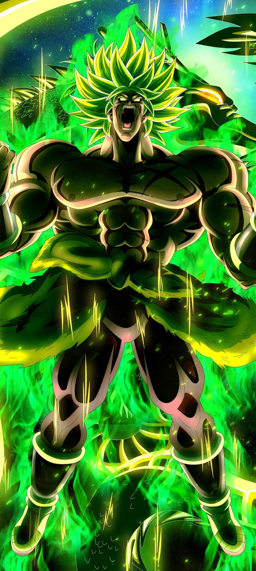 Broly screams with muscles tensed and eyes glowing white while surrounded by a jagged neon green energy aura.