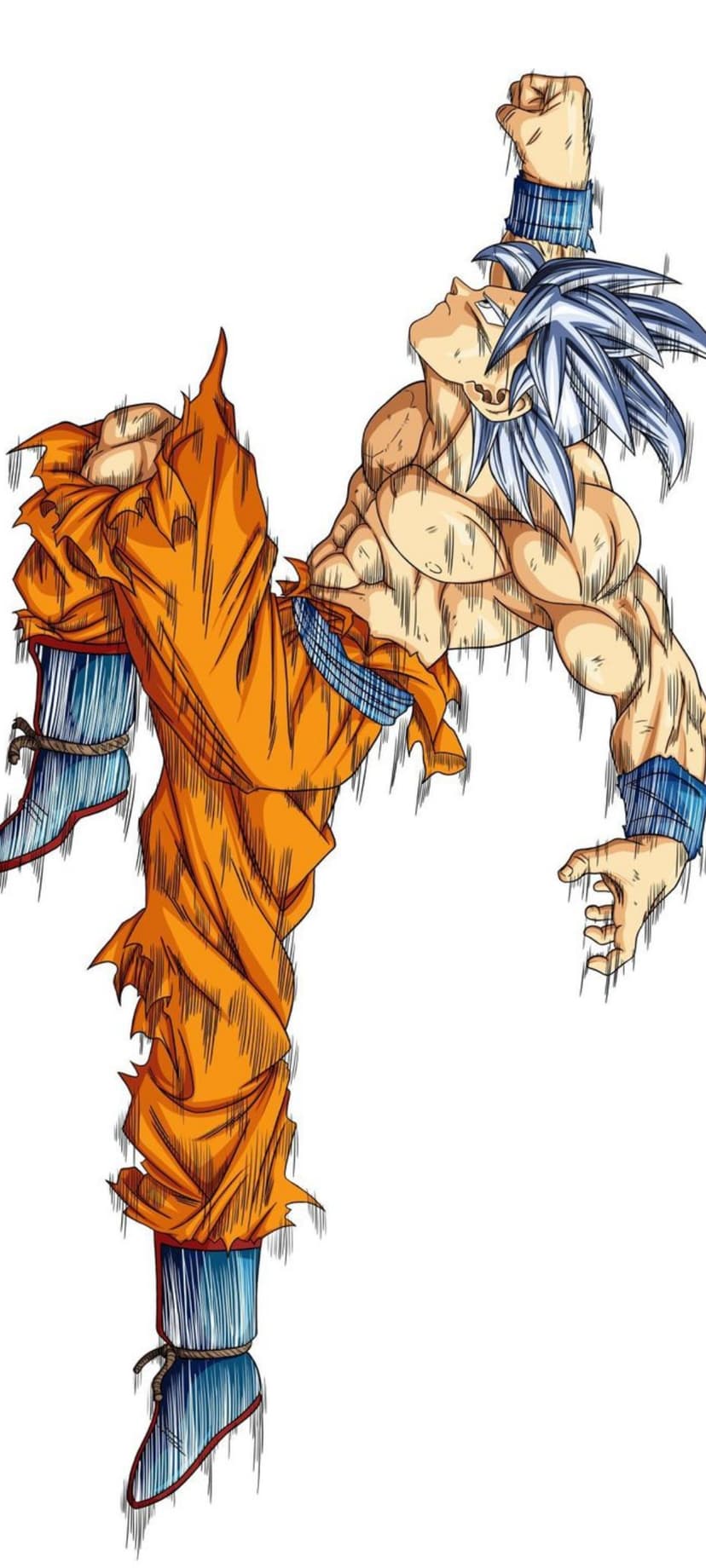 Goku with silver hair and tattered orange clothing floats in a mid-air pose against a glowing energy background.