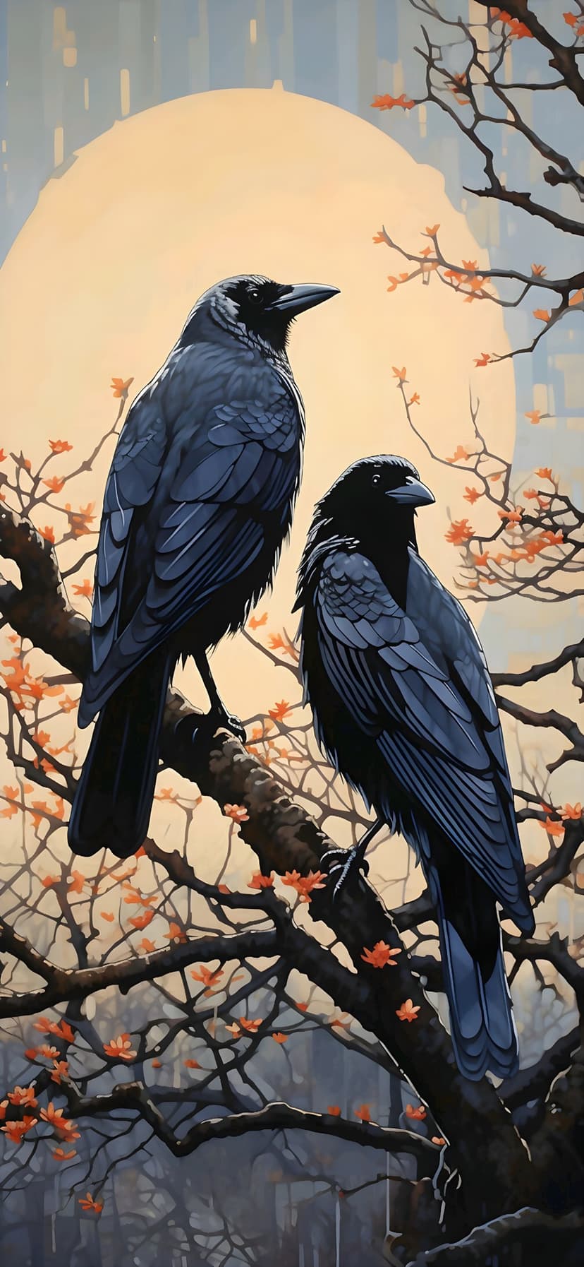 Two black crows perch on a gnarled branch with orange blossoms before a large pale sun and distant city skyline.