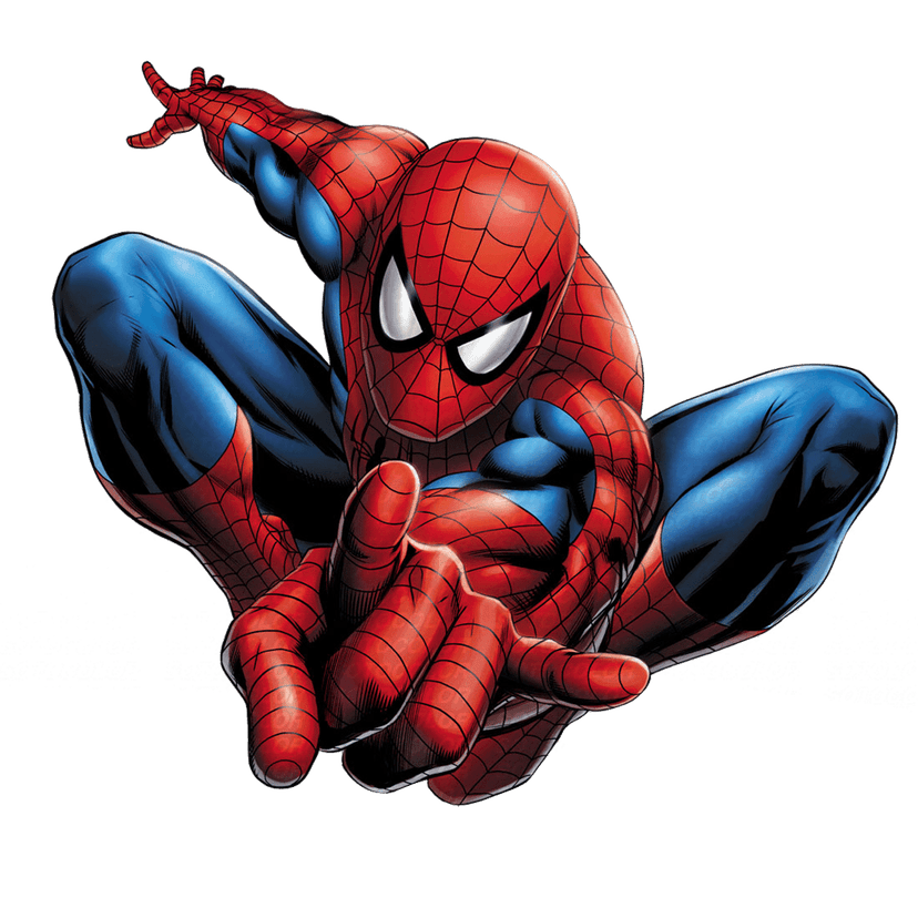 Spider-Man superhero comic character in a dynamic crouching pose wearing a red and blue suit with black webbing.