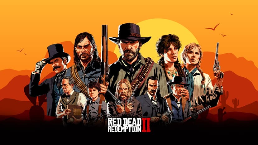 Red Dead Redemption 2 characters posing against a large orange sun and silhouetted western mountain range.