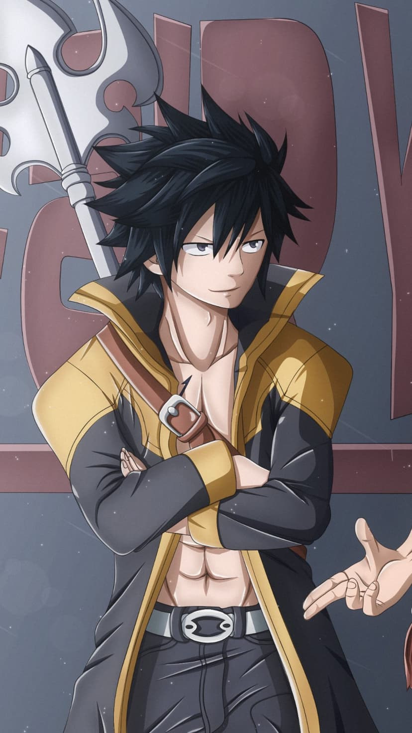 Shiki Granbell with spiky black hair wears a red and black jacket while striking a confident standing pose.