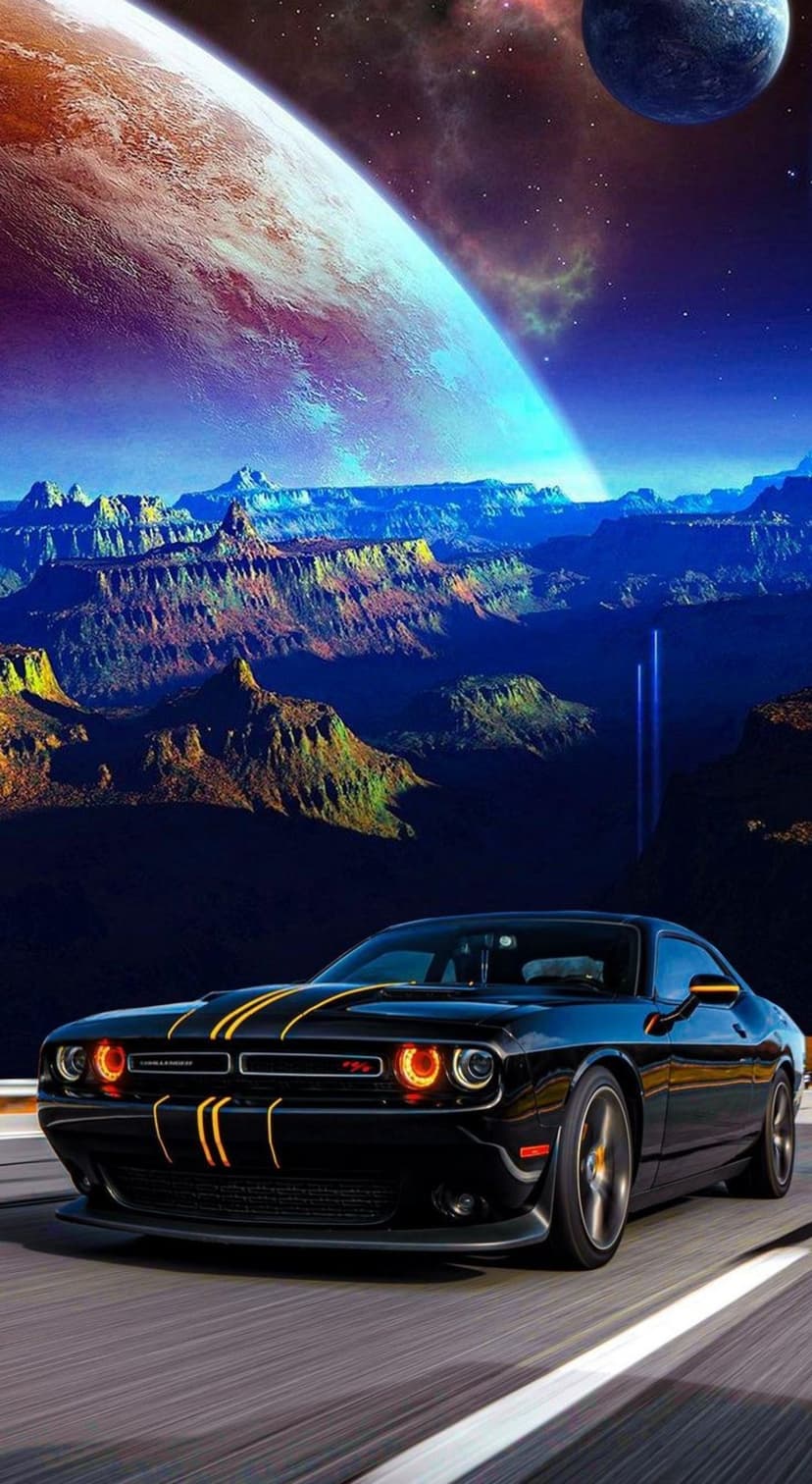 Black Dodge Challenger with orange stripes on a road under a purple sky with massive planets and jagged peaks.