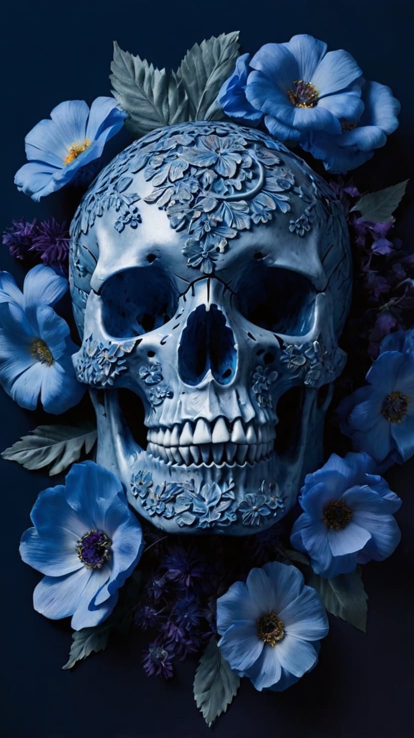 Carved blue skull with floral engravings surrounded by sapphire flowers and dark leaves in a vertical layout