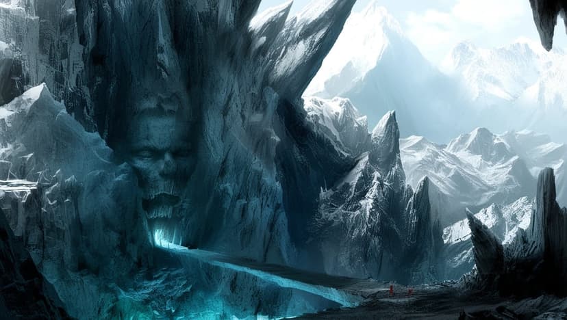 Colossal stone face carved into a glowing blue ice cave entrance surrounded by jagged frost and snowy mountains.