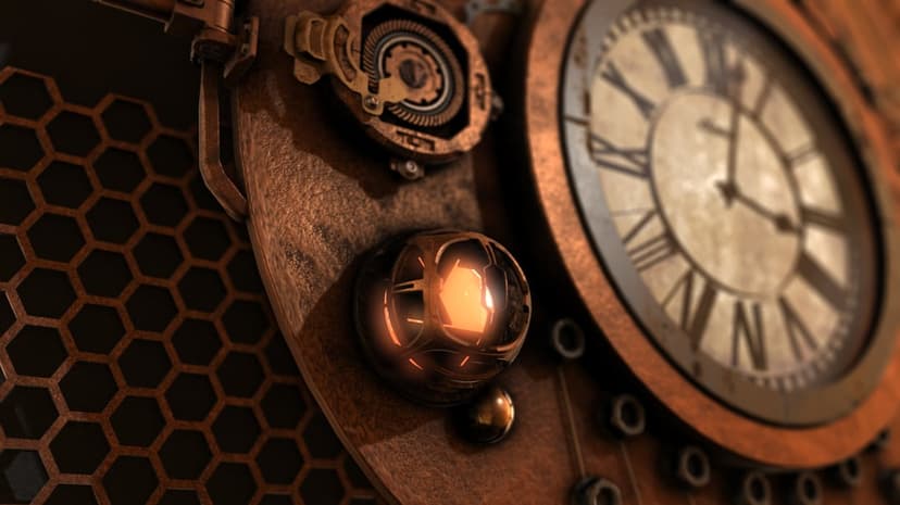 Mechanical brass gears and interlocking cogs encircling a luminous orange sphere with weathered metallic textures.