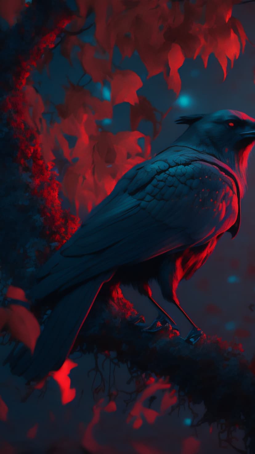 Crow with glowing red eyes perches on a mossy branch among deep blue and red leaves in a moody forest setting.