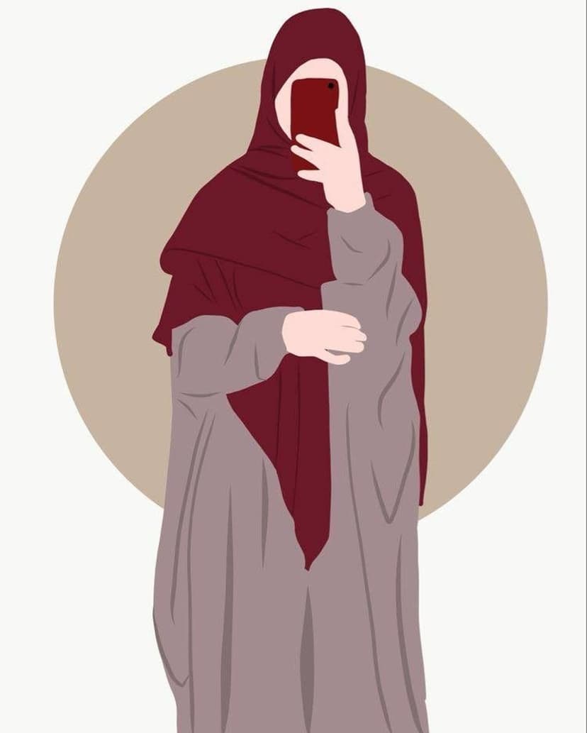 Woman wearing a maroon hijab and grey abaya holds a red smartphone for a selfie against a soft circular backdrop.