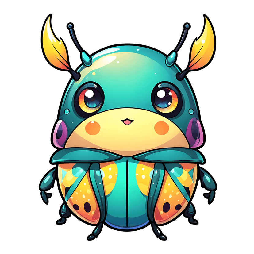 Teal beetle sticker illustration features large glossy eyes, yellow facial markings, and purple legs.