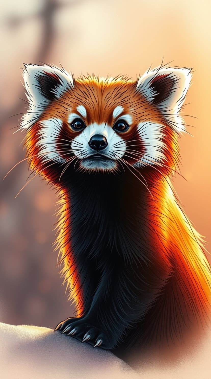 Red panda with vibrant ginger fur and white facial markings gazes forward amid a warm, soft golden glow.