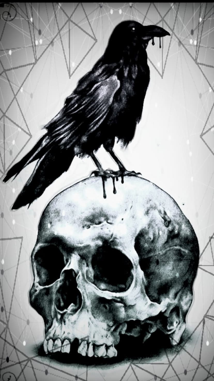 Black raven with liquid dripping from its beak perches on a cracked skull over an abstract geometric background.