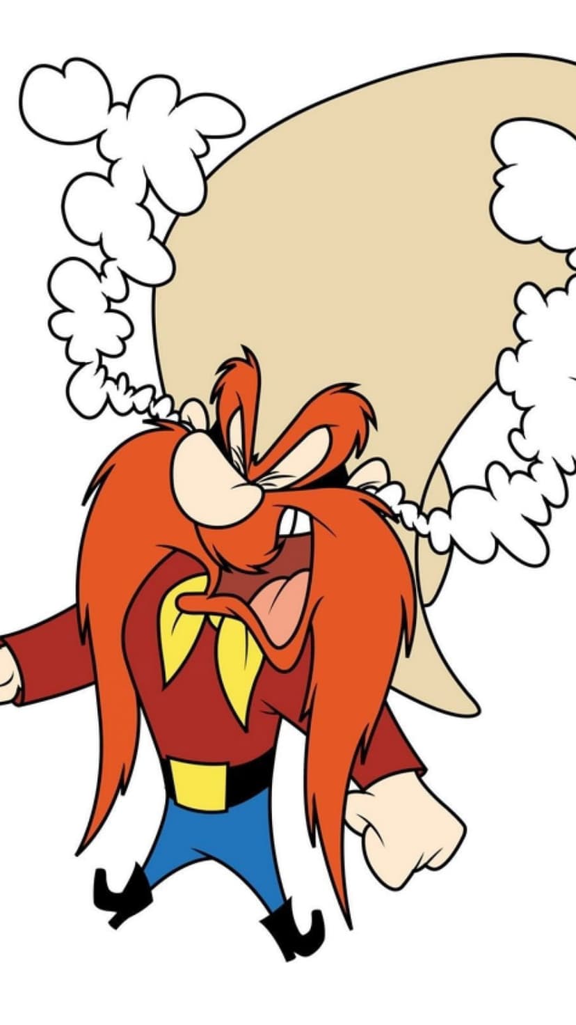 Yosemite Sam fuming with steam rising from his tan hat, featuring a long red beard and clenched fists.