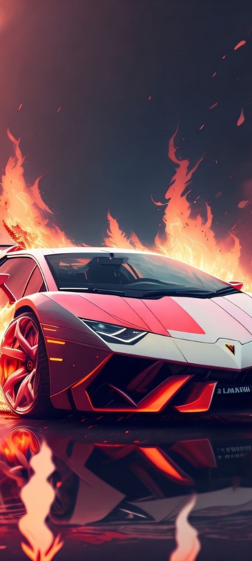 Red sports car driving through a wall of fire with bright orange flames reflecting on a dark wet road surface.