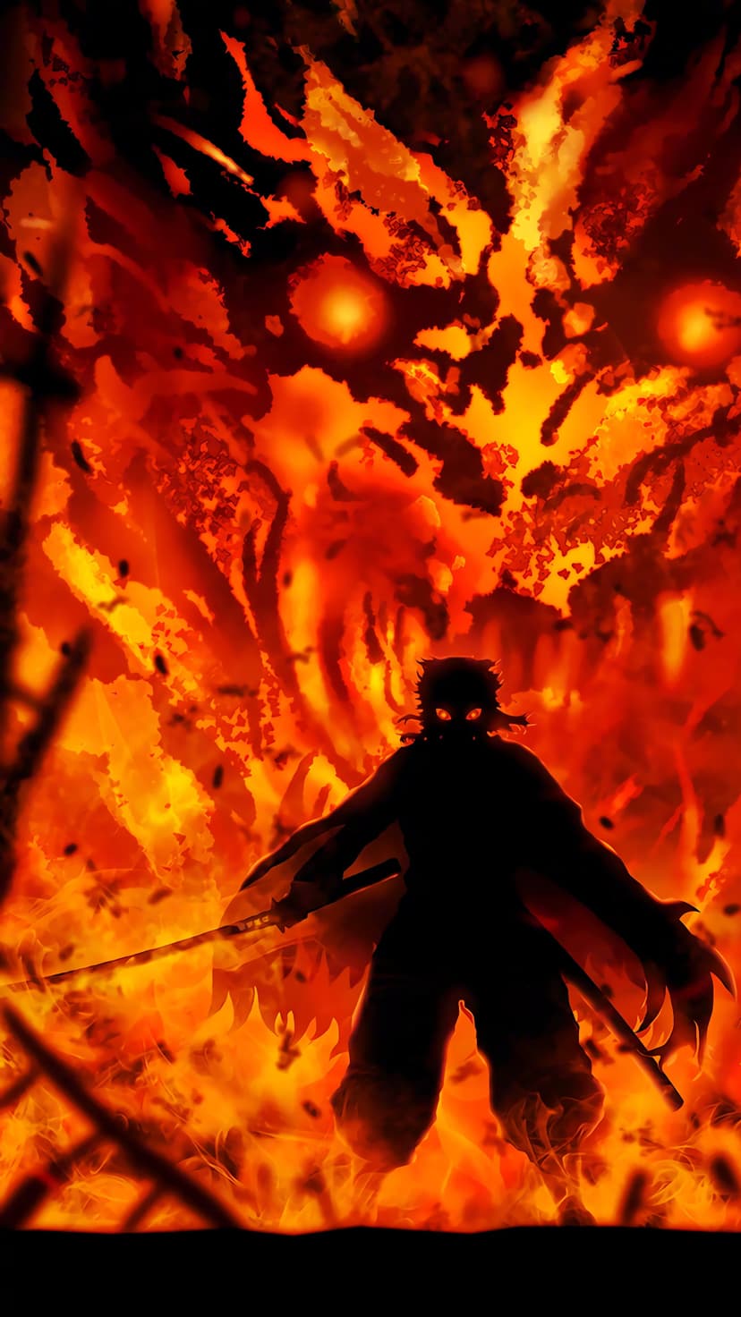 Silhouetted warrior with a sword stands before a giant fiery demon with glowing eyes in a sea of orange flames.