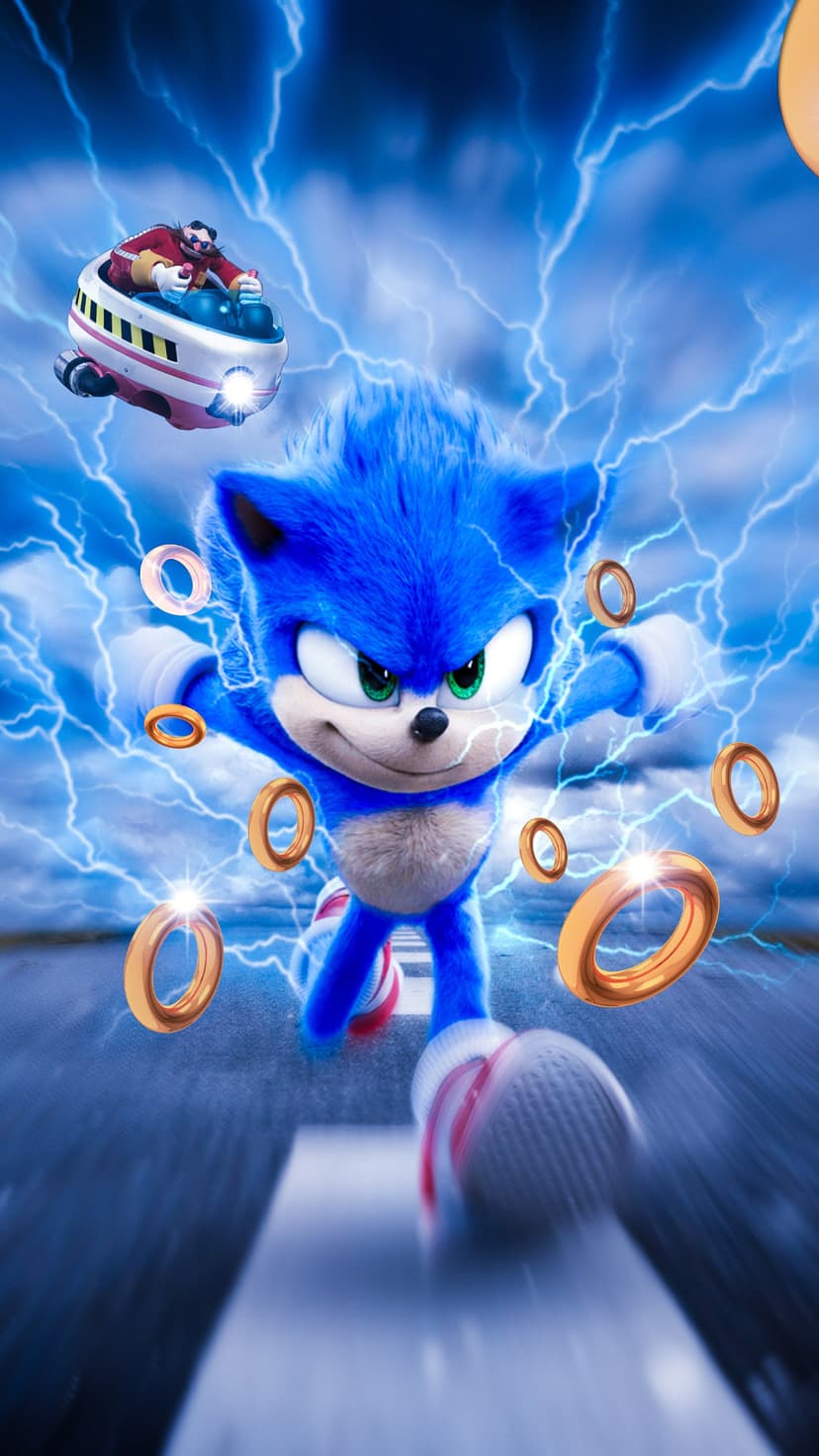 Sonic the Hedgehog sprints forward amidst blue lightning bolts and gold rings while a hovercraft follows him.