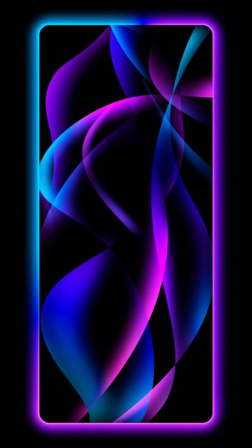 Glowing blue and purple neon ribbons curve across a pitch-black background with sharp luminescent edges.