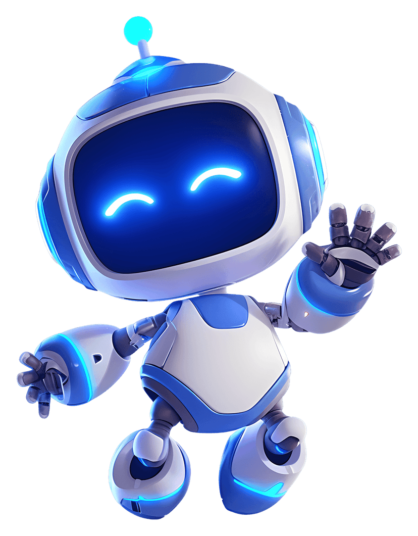 Bipedal robot character featuring white matte armor and blue glowing eyes against a transparent background.