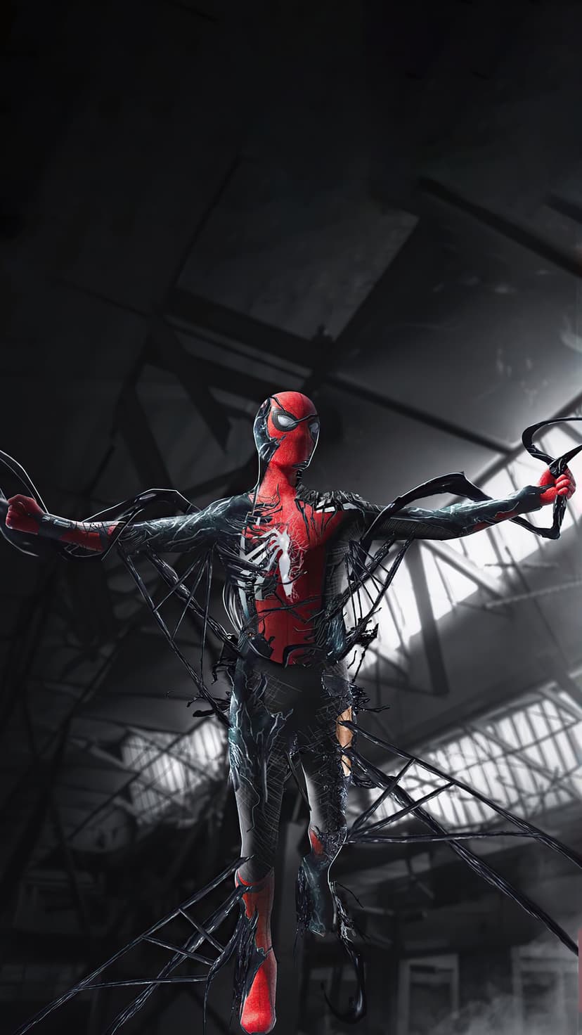 Spider-Man leaps forward while black oily tendrils wrap over his red and blue suit in a dark factory.
