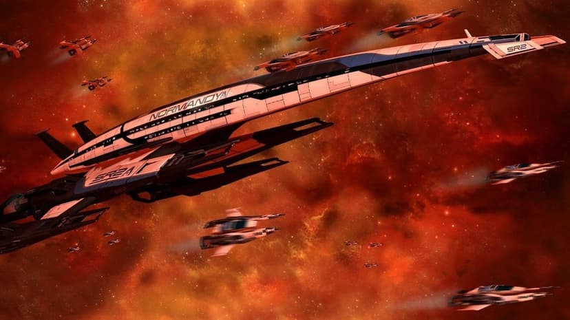 Large white spaceship and smaller fighters flying through a dense orange and red glowing stellar nebula.