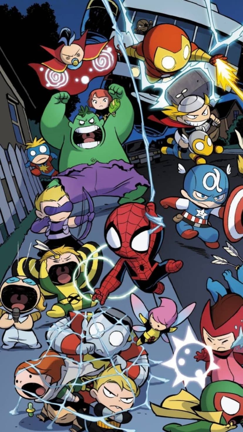 Chibi Iron Man, Hulk, and Captain America fight amidst blue lightning and colorful comic book action effects.