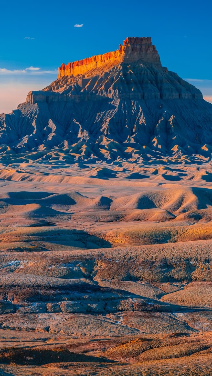 Factory Butte's jagged peak glows with golden sunlight against a clear blue sky in a vertical desert landscape.