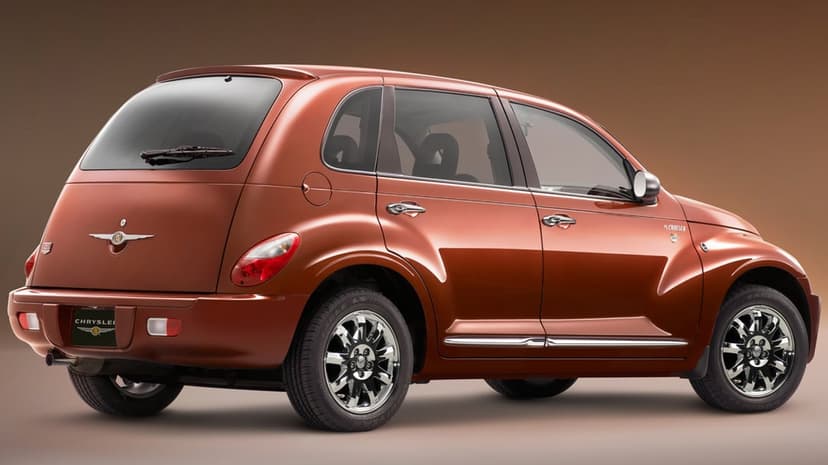 A metallic copper Chrysler PT Cruiser with chrome wheels against a brown studio background in a rear view.