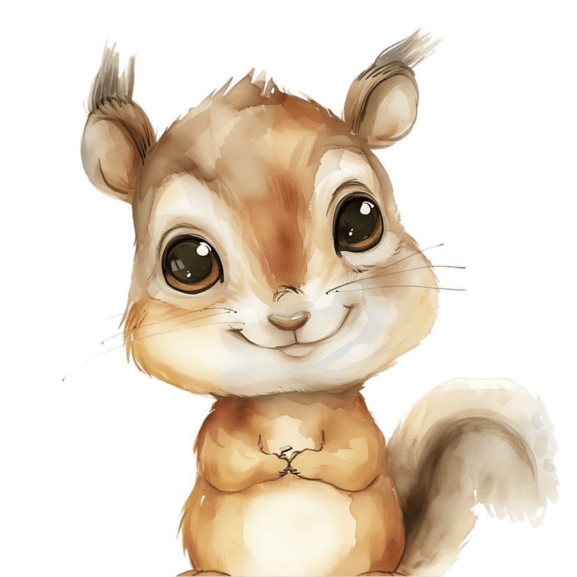 Watercolor chipmunk illustration featuring large expressive eyes and soft brown fur texture on transparent background.