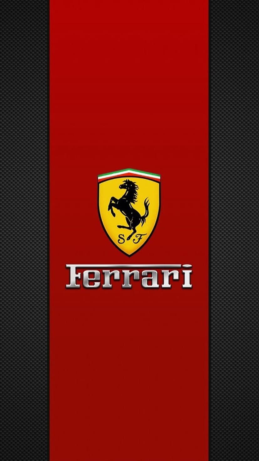 Ferrari prancing horse on a yellow shield centered between black textured panels and a red mobile background.