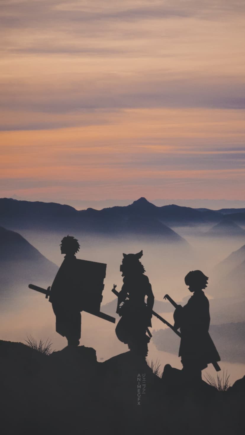 Tanjiro, Zenitsu, and Inosuke silhouettes stand on a mountain ridge during a misty pastel sunrise with swords.