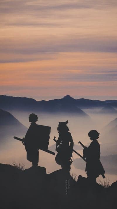 Demon Slayer Silhouettes Against Mountain Mist Sunrise