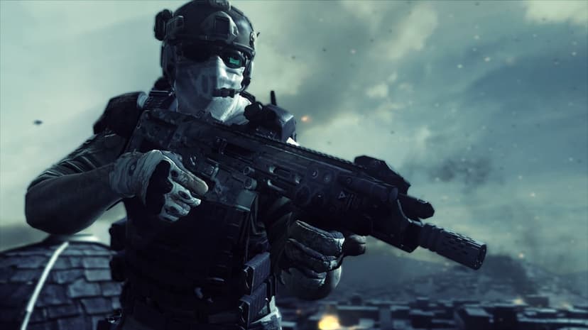 Tactical soldier in a skull mask holding a rifle against a cloudy, smoke-filled battlefield background.