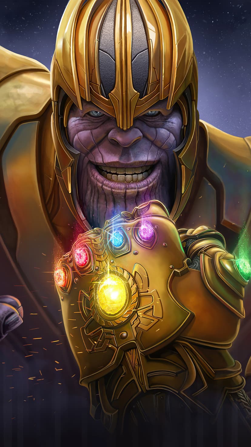 Thanos grins while wearing the glowing Infinity Gauntlet against a dark starry cosmic space background.