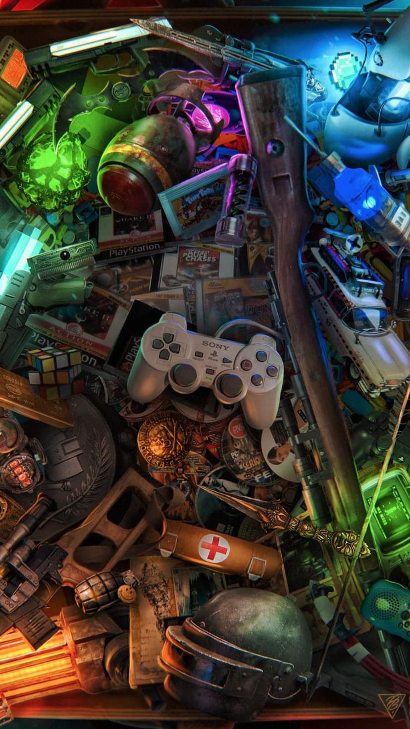 PlayStation controllers, military helmets, and grenades are illuminated by blue and pink neon light in a collage.