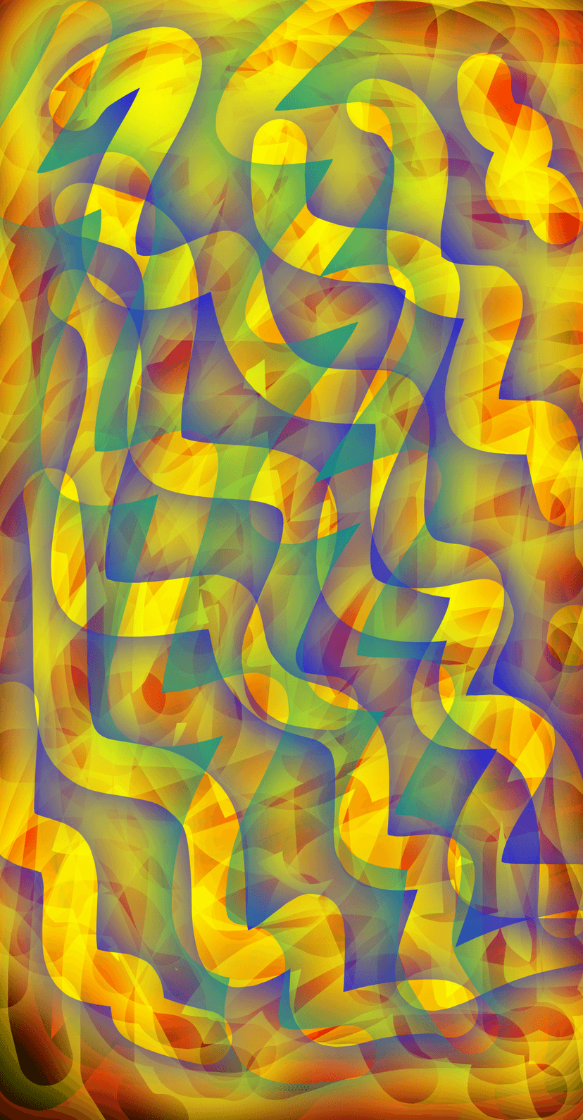 Interlocking swirls of yellow, blue, and green light create depth and fluid movement in a vertical composition.