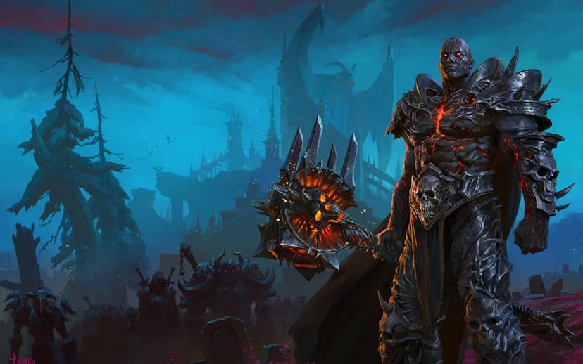 Armored warrior with glowing lava skin holding a spiked mace before a dark, jagged citadel in the distance.