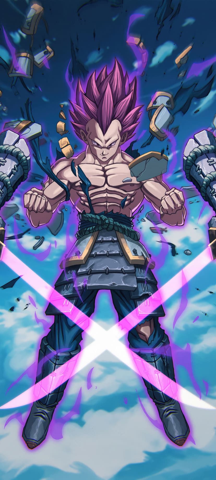 Vegeta in Super Saiyan Rose form crosses two pink energy blades amidst floating stone pillars and a purple aura.