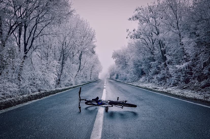 Abandoned bicycle lying on a wet asphalt road bordered by frost-covered trees and heavy snow in winter.