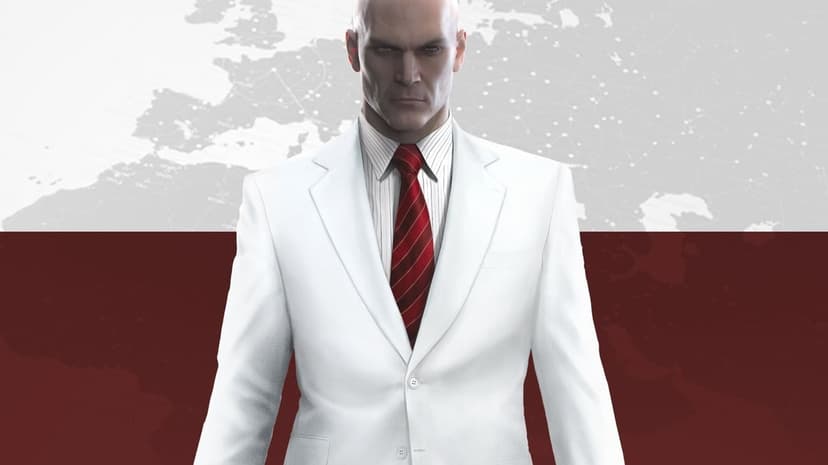 Agent 47 in a white suit and red tie stands before a world map graphic and a deep maroon horizontal band.